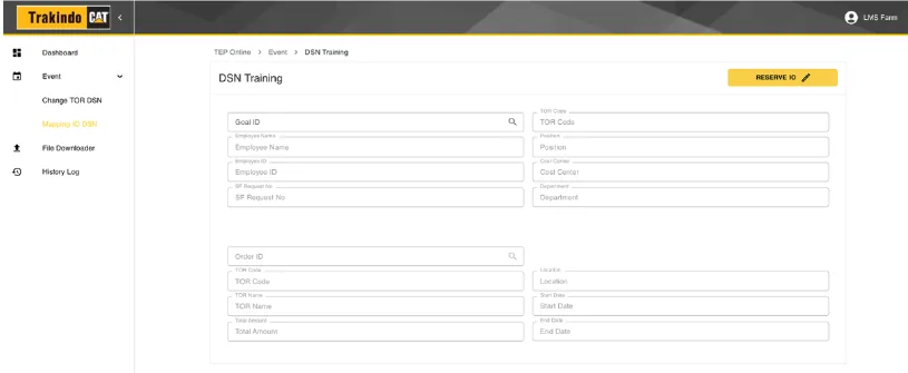 SAR Online TDP: the DSN Training request form inside the Trakindo admin layout