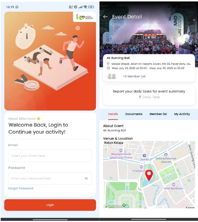 SIAPP IADO Flutter app: the login screen and an event detail page with a Mapbox venue map